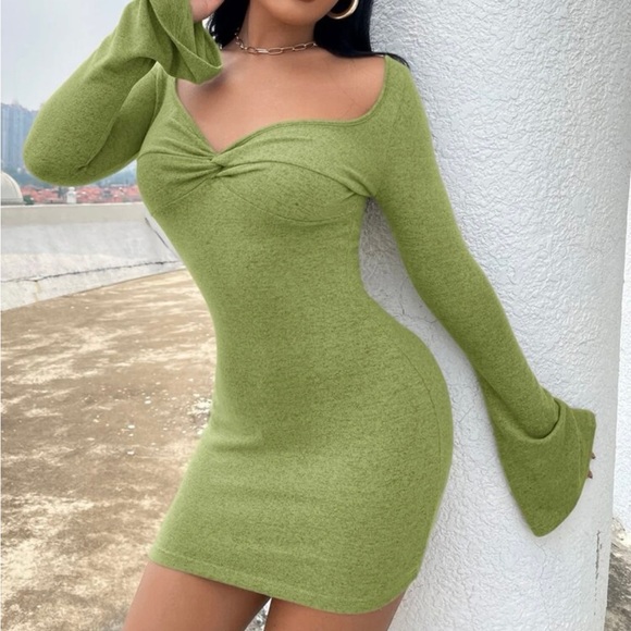 Sexy Green Dress Flounce Sleeve Sweetheart Neckline Bodycon Small S - Picture 4 of 5